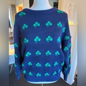 Poplar Woolens Wool Irish Emerald Clover Patterned Crew Neck Sweater